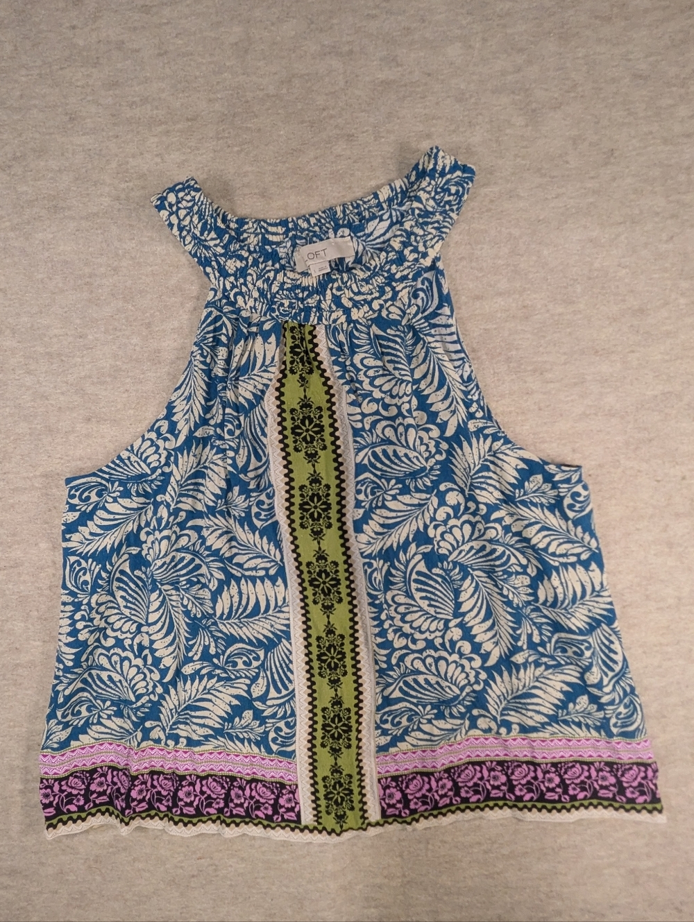 LOFT Blue Multi Color Flowy Tropical Halter Tank Top Blouse Boho Funky Size L